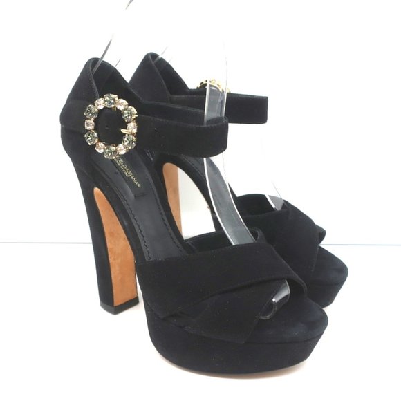 DOLCE & GABBANA CRYSTAL BUCKLE PLATFORM SANDALS BLACK CRISSCROSS SUEDE SIZE 36 - Picture 1 of 12